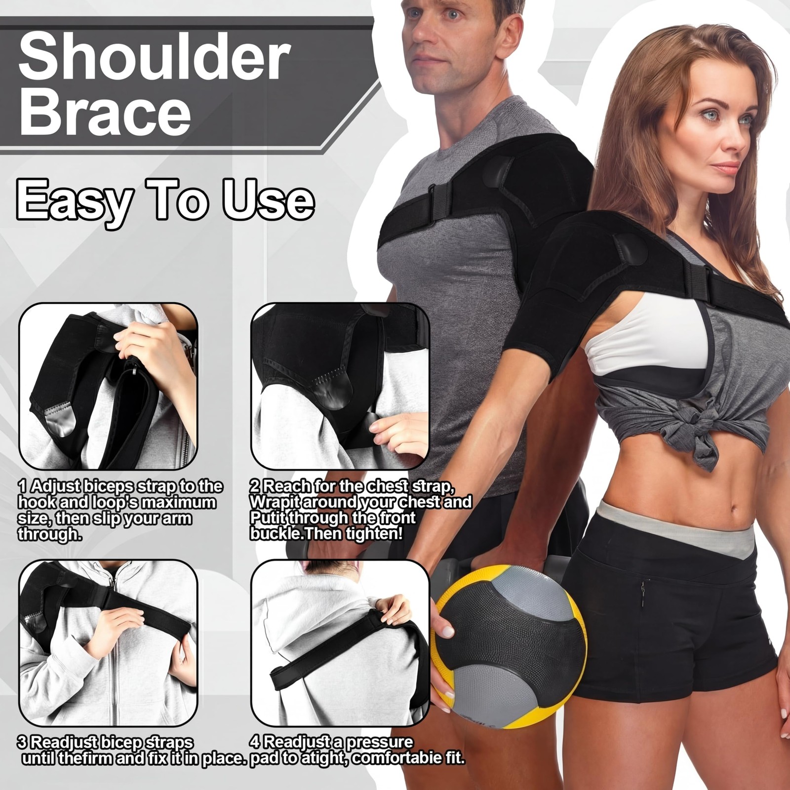 2 PCS Black Shoulder Brace Adjustable Large Support Men Women Joint Sleeve
