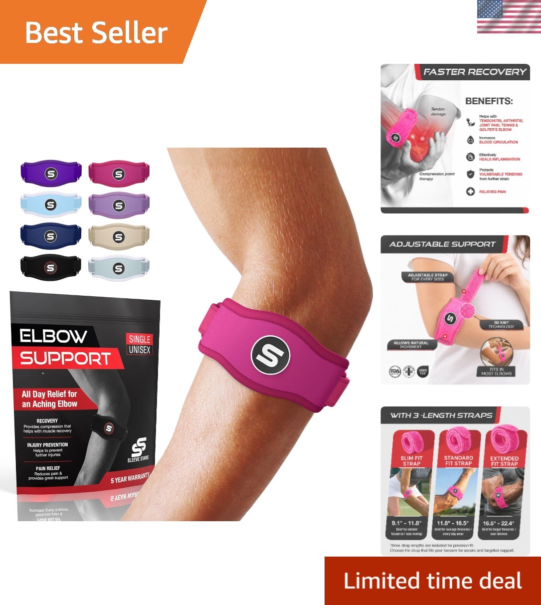 Unisex Hot Pink Elbow Support Wrap for Tennis & Golf Elbow – Comfortable Fit