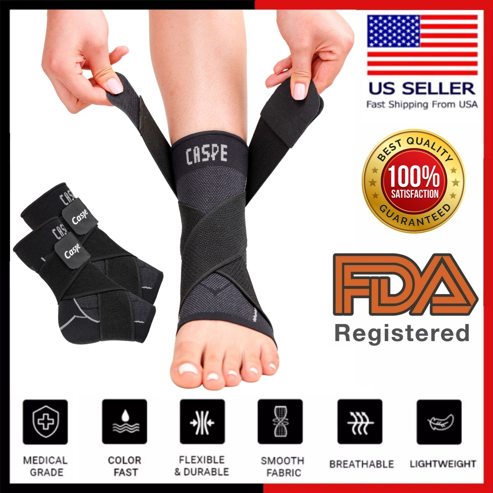 Caspe 2X Ankle Brace Support Compression Sleeve Fasciitis Pain Relief Foot Wrap