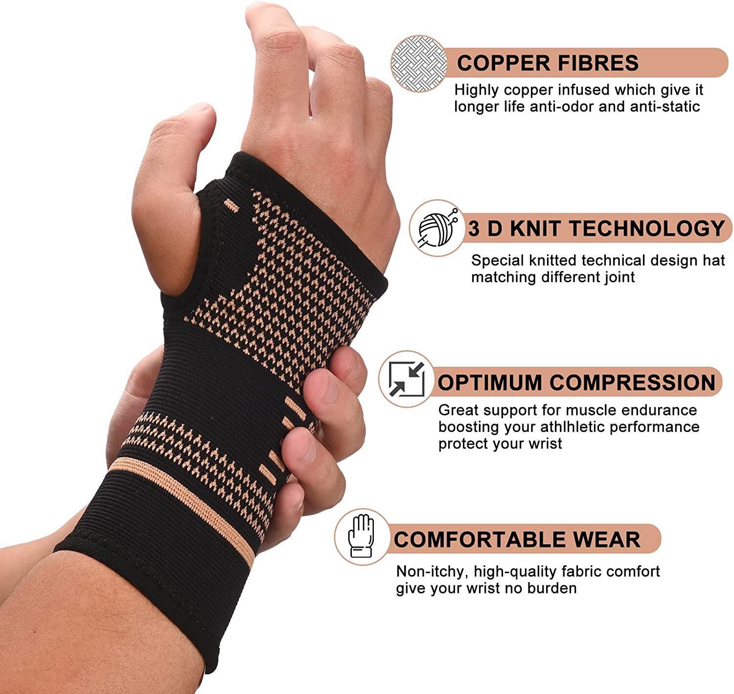 Wrist Support Brace Copper Compression Sleeves Tunnel Arthritis Left Right Hand
