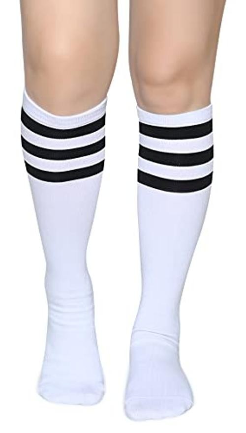 Triple Stripes Soft Cotton Knee High Tube Socks for One Size Z03-black/White