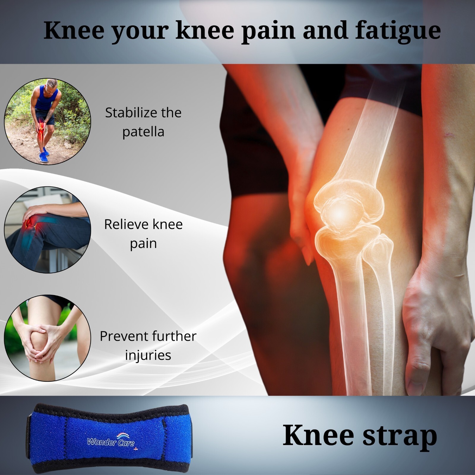 Knee Strap Brace Patella Tendon Support Protector Silicone Blue Free Size