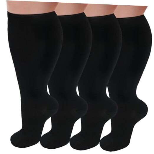 4 Pairs Plus Size Compression Socks,Extra Wide Calf 20-30 mmHg XX-Large Black