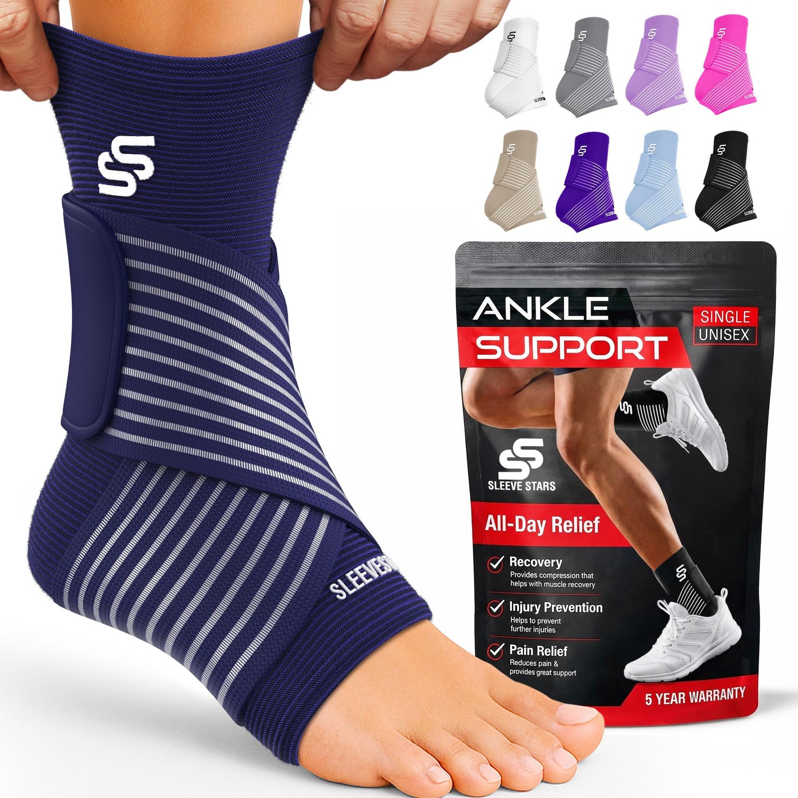 Sleeve Stars Ankle Brace Compression Wrap M 10-12″ Navy Blue w/Strap