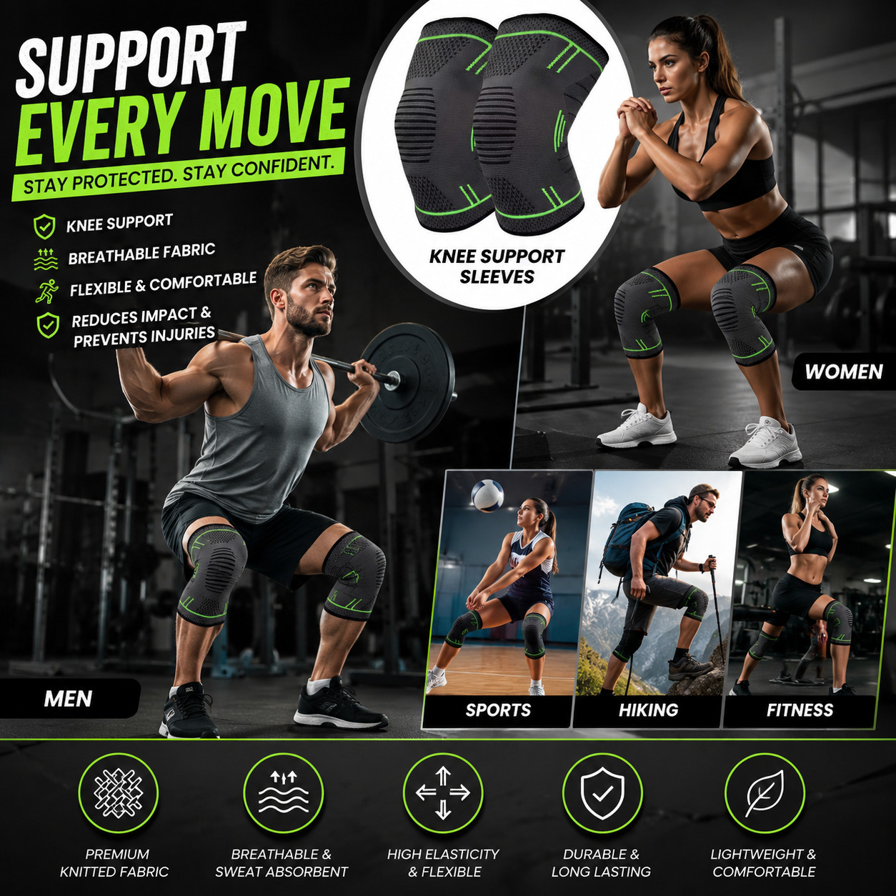 Knee Brace Compression Sleeve for 1 Pair Men Women Gym Fitness Hiking