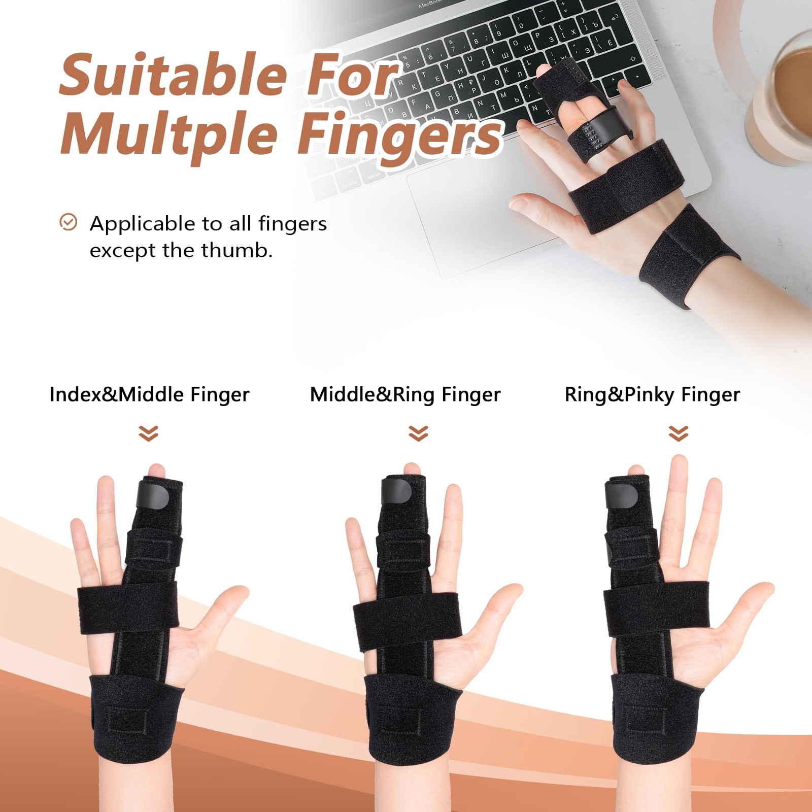 2 Finger Splint, Adjustable Brace, Metal Support for S/M, Black