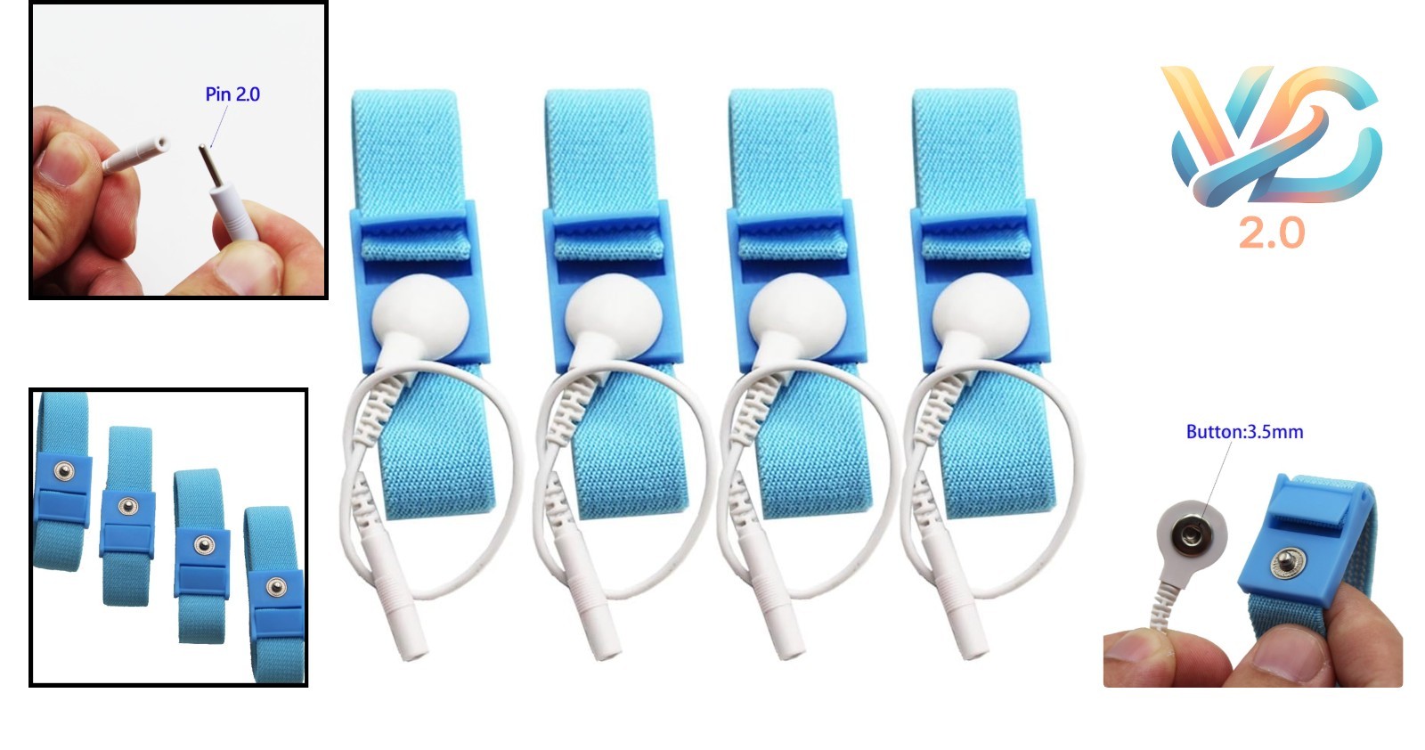 Adjustable Estim Wrist Strap Set 4 Blue Stim Loops 4 White Wires