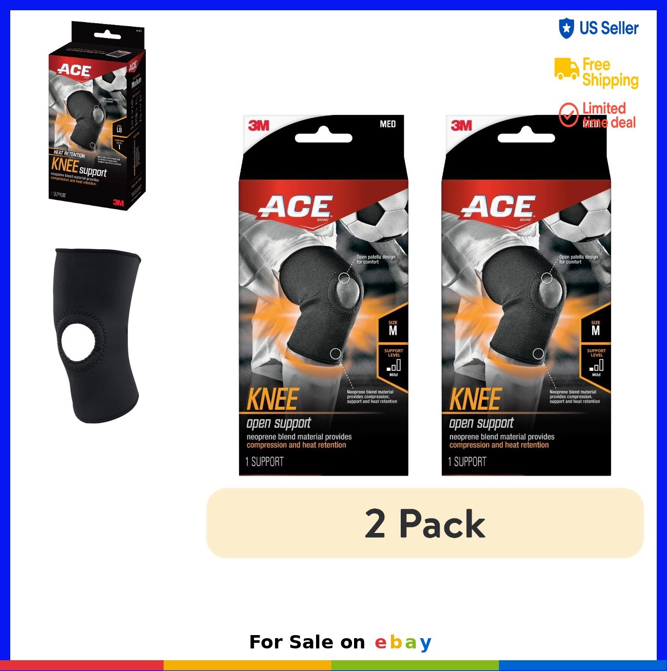 2 Pack Neoprene Open Knee Support Medium Compression Brace Heat Retention Mesh