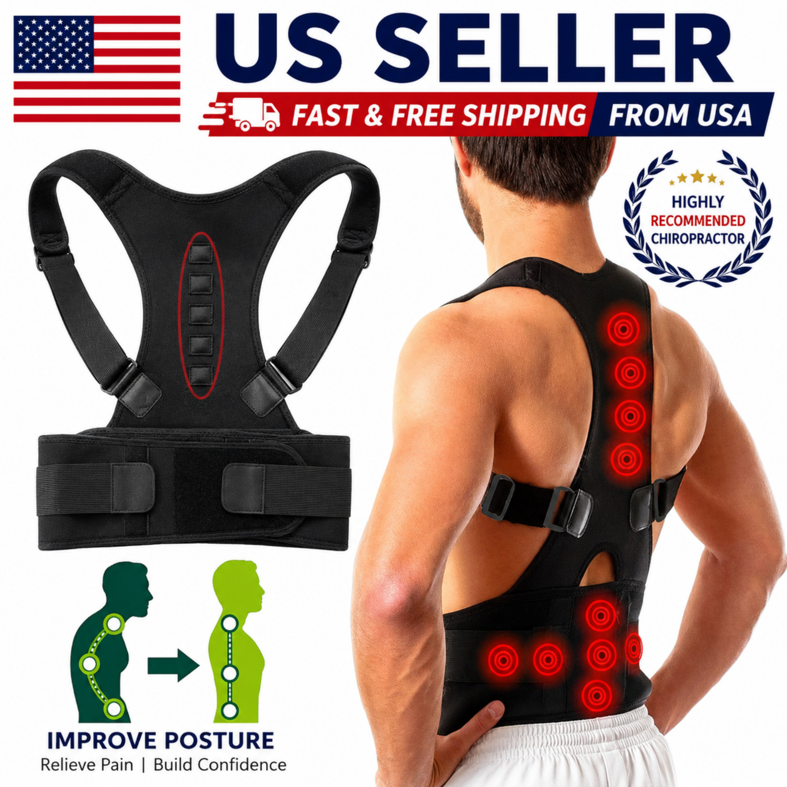 Posture Corrector Support Magnetic Back Shoulder Brace Belt Band For Men Women