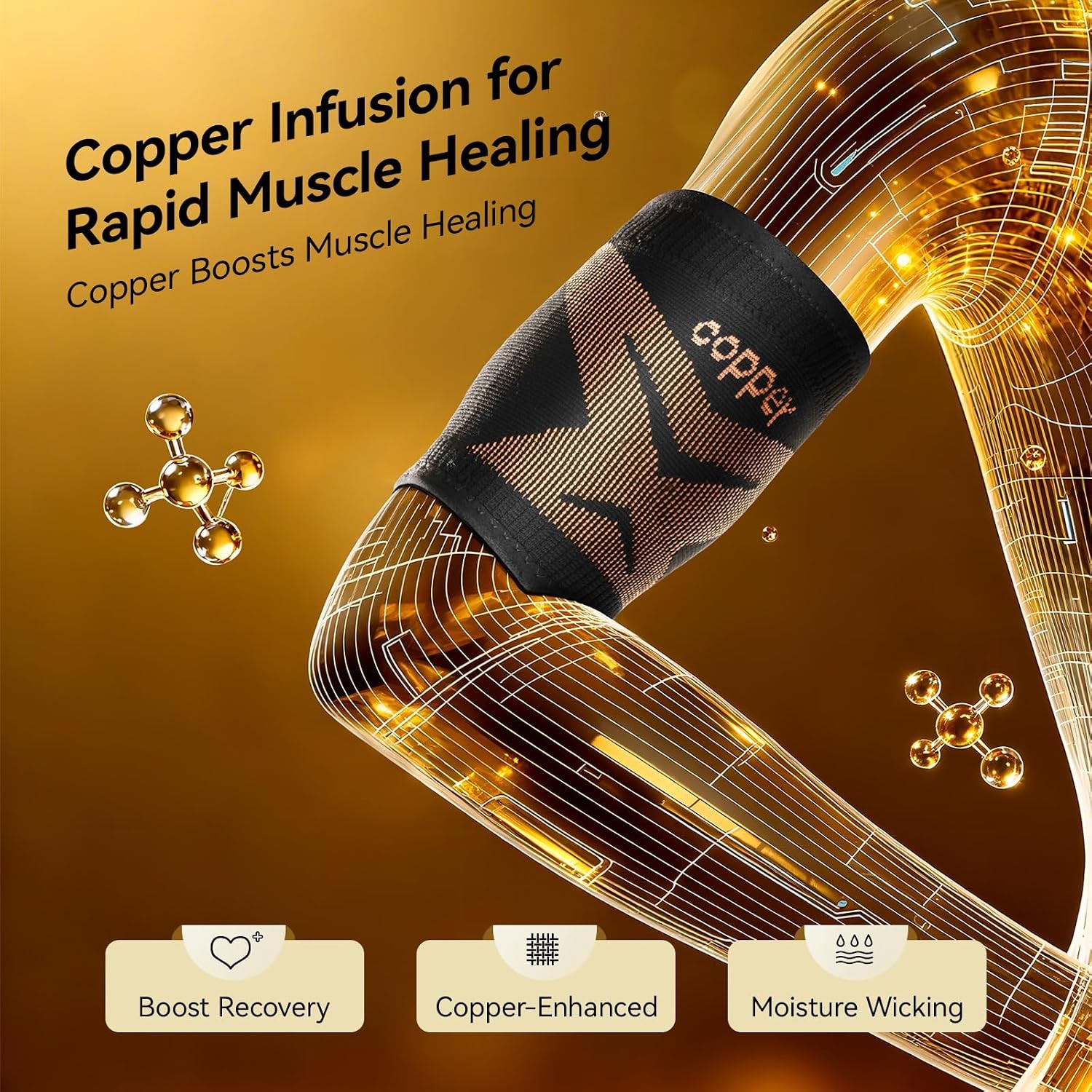 Bicep Tendonitis Copper Compression Arm Sleeve Deep Gold Medium Size Support