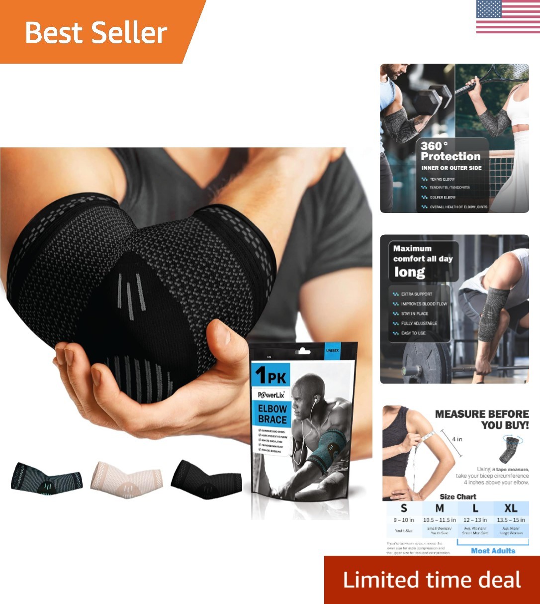 Elbow Brace Compression Support – Elbow Sleeve for Tendonitis, Tennis Elbow B…