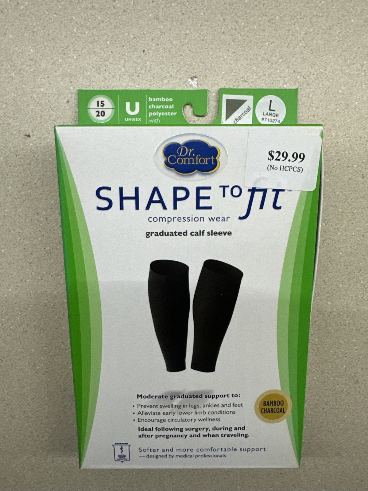 Dr. Comfort 15/20 Large Comp. Calf Sleeve Shape to Fit (unisex, bamboo, charc)