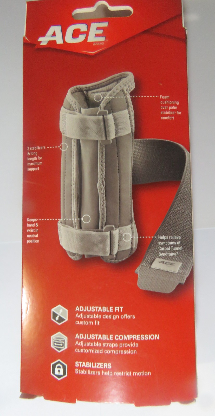 Carpal Tunnel Wrist Left Hand Stabilizer Ace Adjustable Firm Support Gray