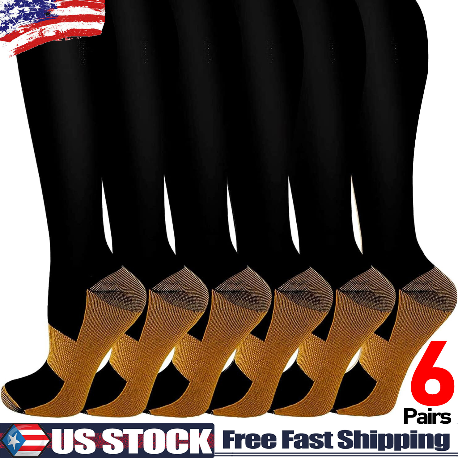 6 Pairs Copper Compression Socks 20-30mmHg Graduated Support Men’s Women’s
