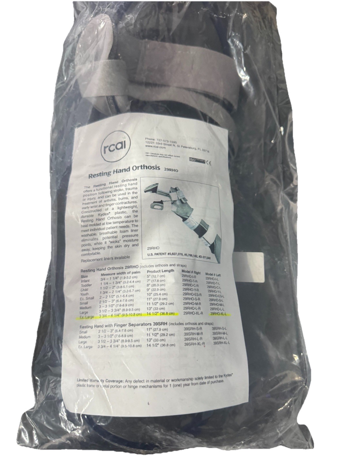 Resting Hand Orthosis 29RHO-XL-L, XL Left, Without Finger Separators