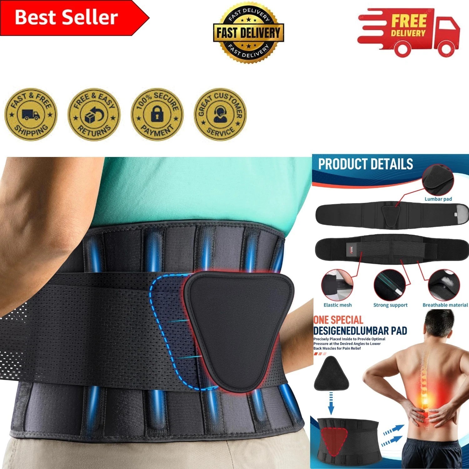 Adjustable Lumbar Support Back Brace for Pain Relief – Size L/XL (29.8′-38.6′)
