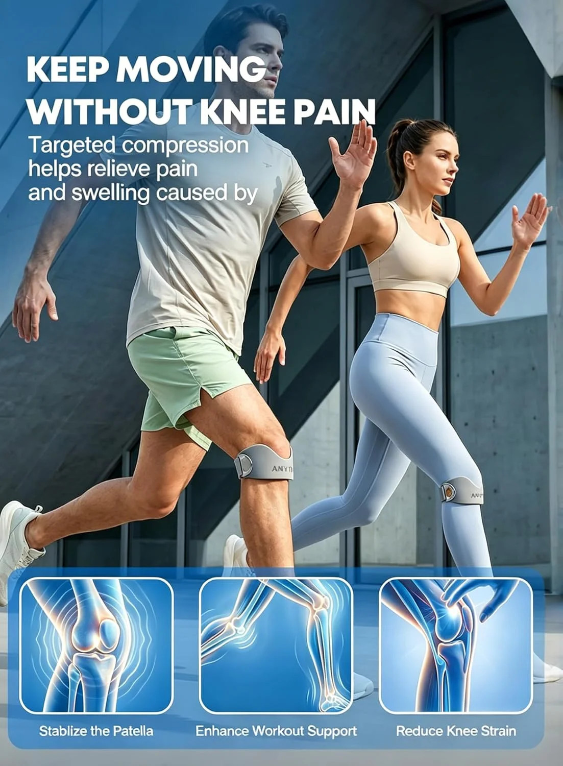 Silicone Patellar Tendon Support Strap 2 Pack, Knee Brace for Women & Men