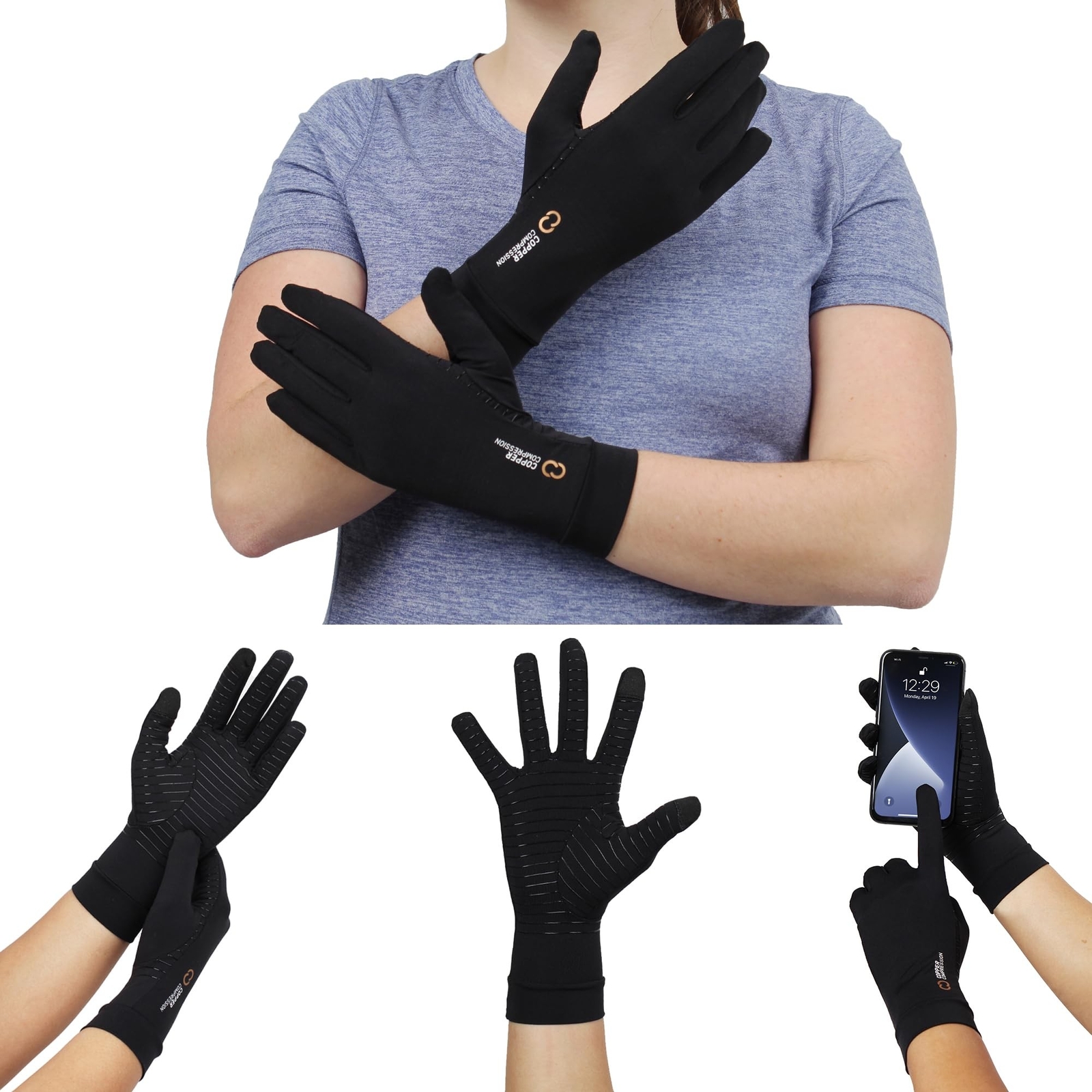 Copper Compression Full Finger Arthritis Gloves – Palm Grips – Touch Screen F…