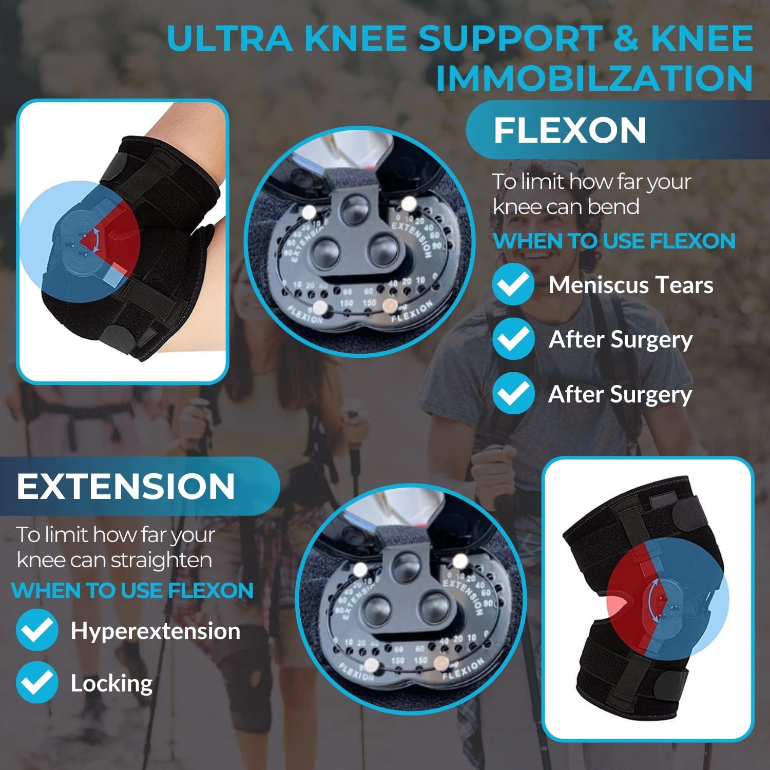 Hinged Knee Brace, Knee Immobilizer with Locking Dials & Side Stabilizers