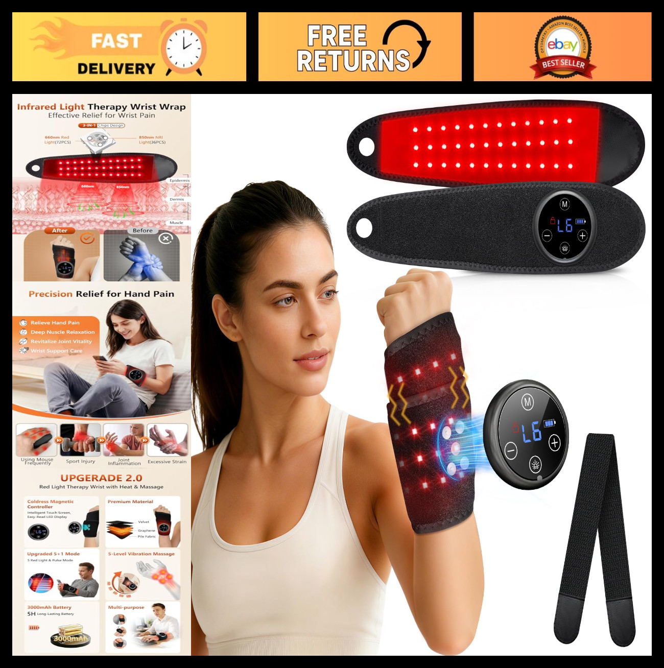 Red Light Therapy Wrap with Heat & Massage for Hands, Wrist, Knee, Ankle Pain Re