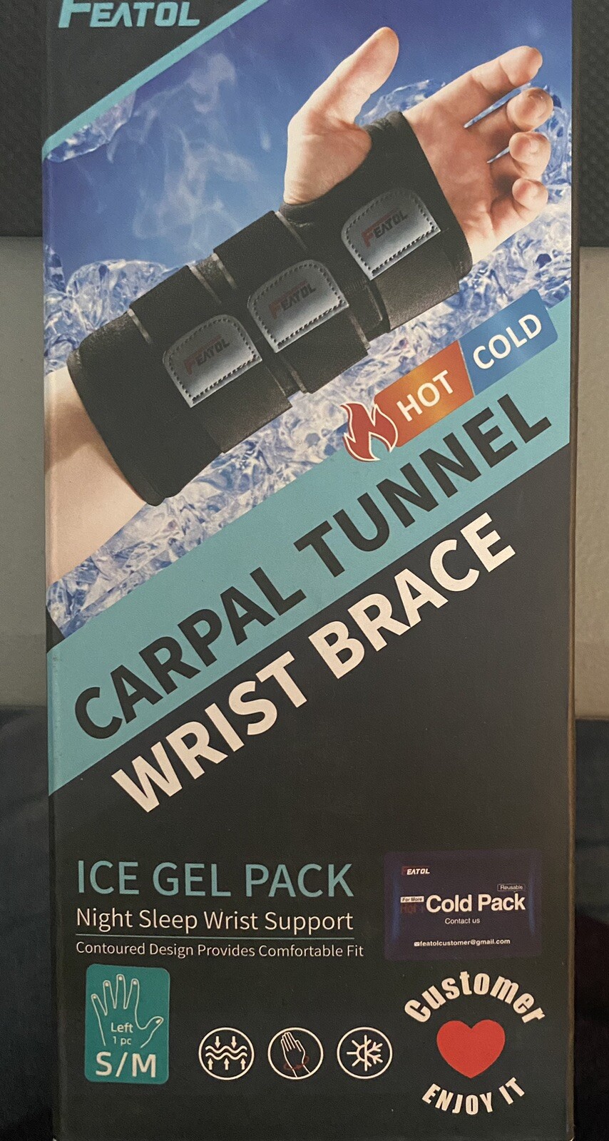 NEW FEATOL Wrist Brace, Carpal Tunnel, Ice Gel Pack, Night Sleep, S/M LEFT