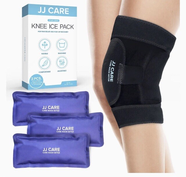 JJ Care Stabilizing Knee Ice Pack W/ Knee Brace and Zipper Bag – NEW