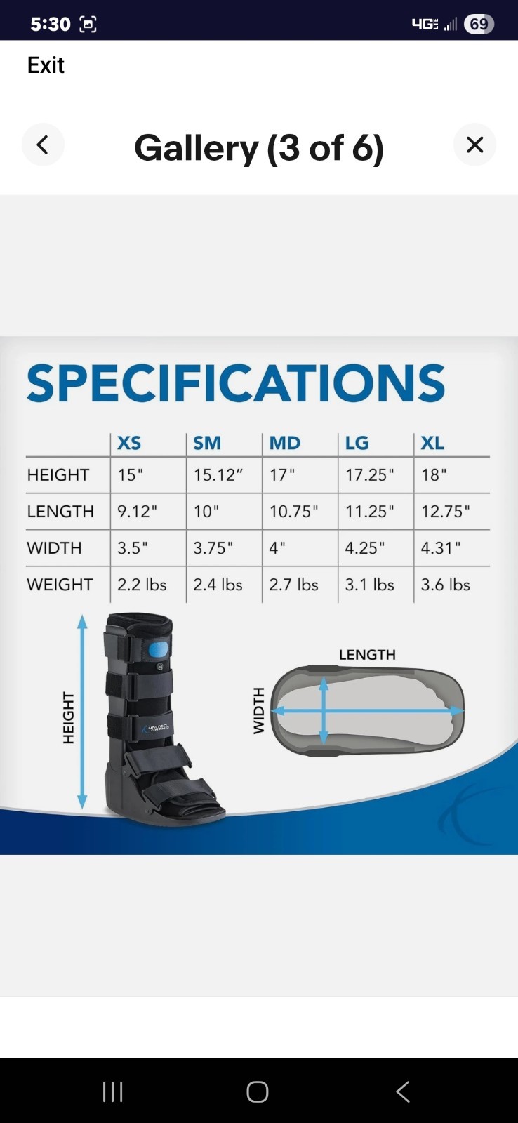 New Black United Ortho Air Cam Walker Fracture Boot Size Medium See Chart in Pic