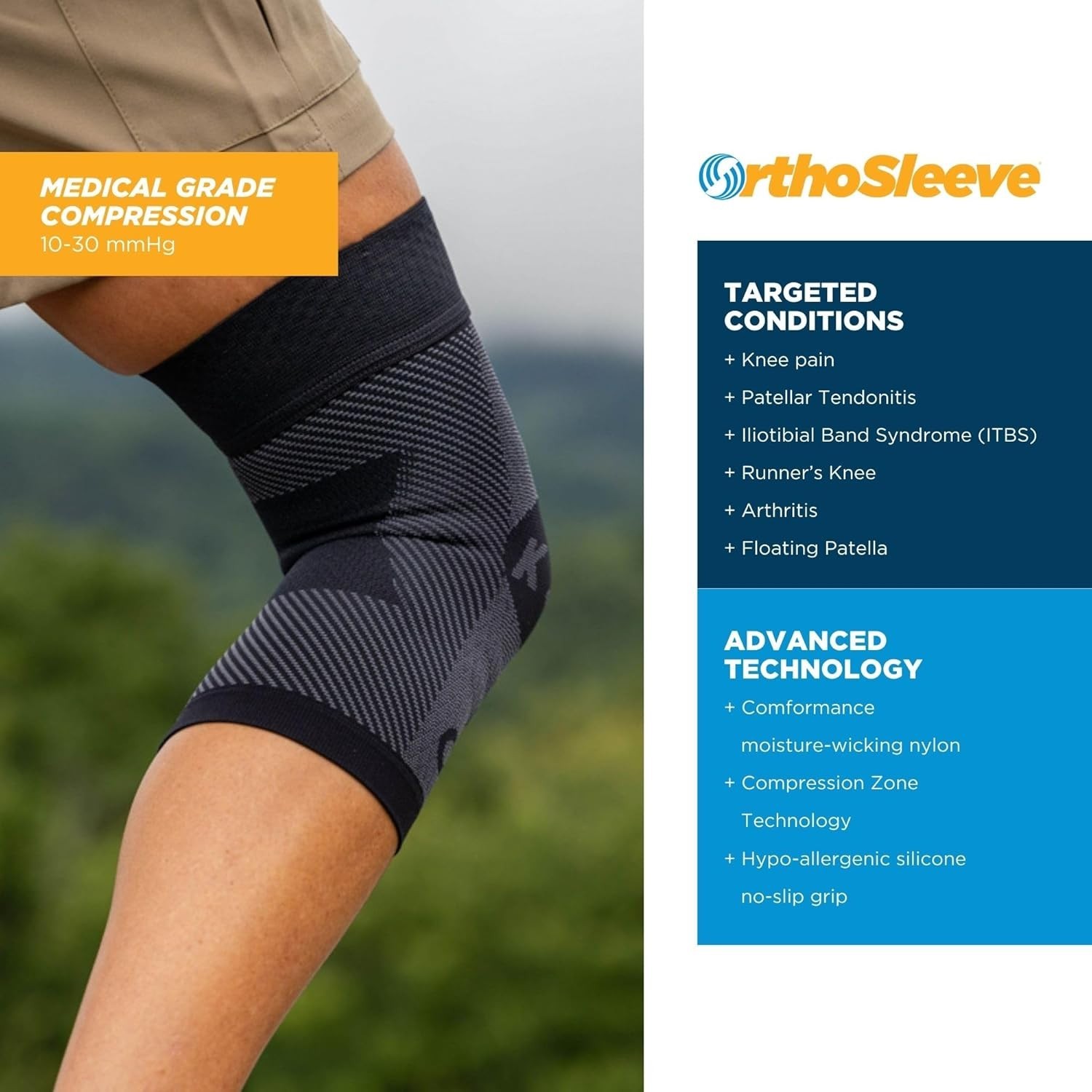 OrthoSleeve Compression Knee Brace/Sleeve for ACL, MCL, Injury Recovery