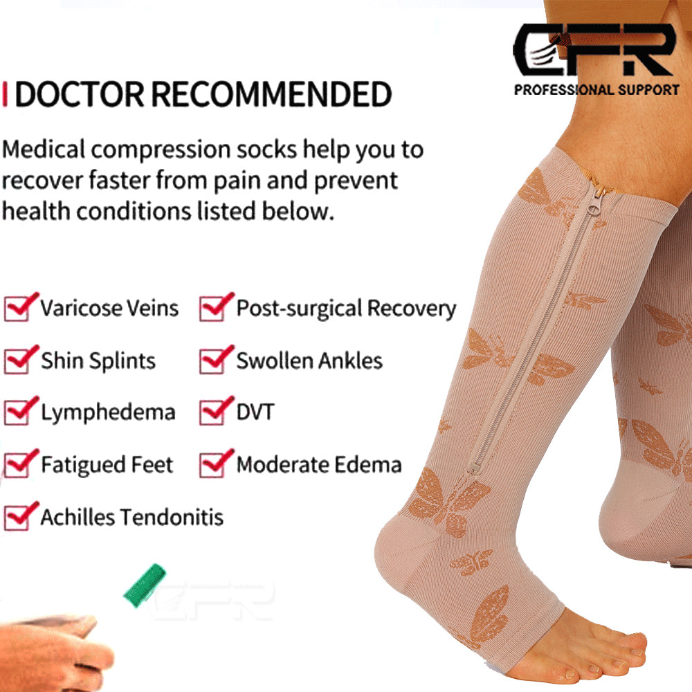 Copper Zipper Compression Socks Support Graduated Stockings Mens Women 20-30mmHg