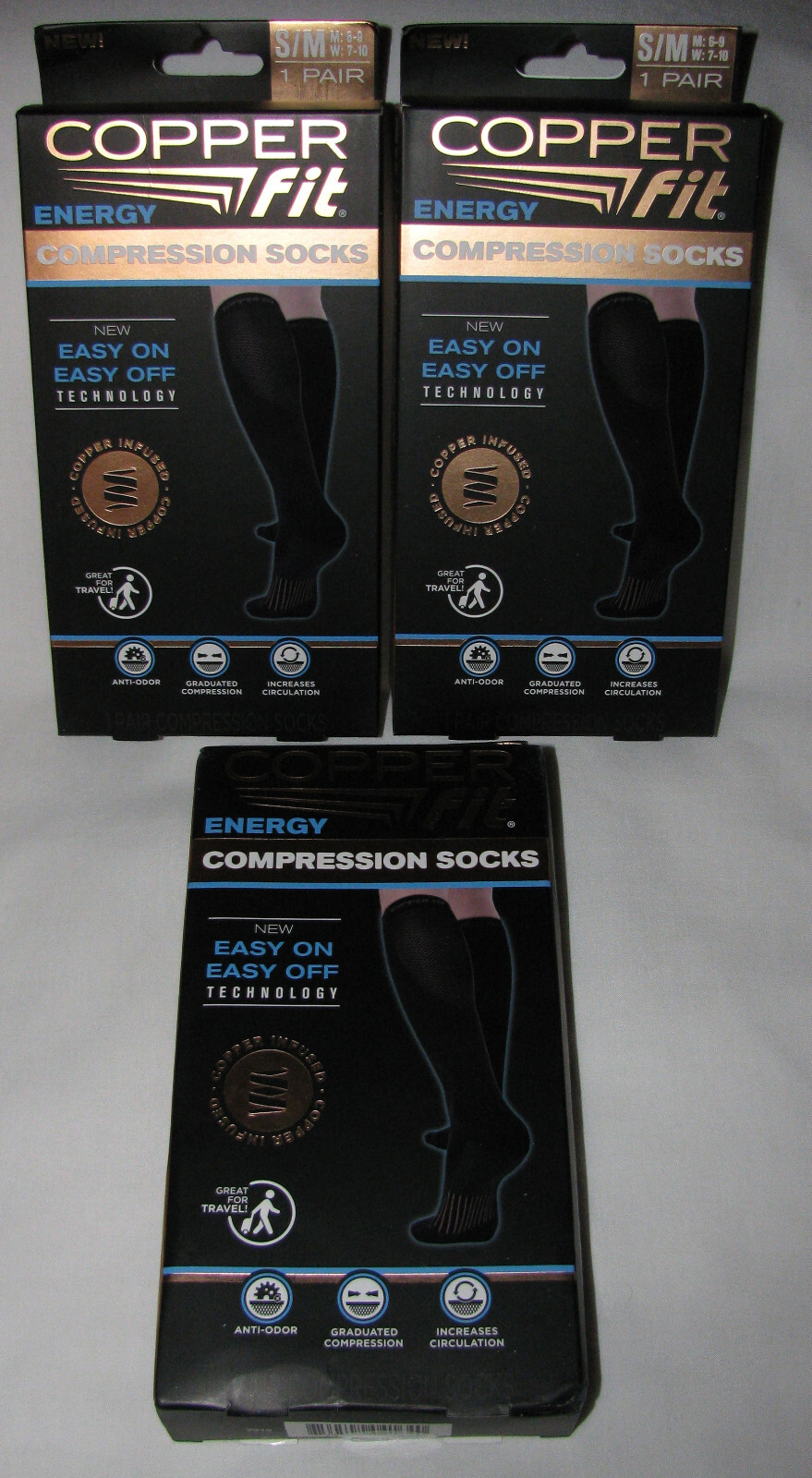 Copper Fit Easy On/Off Compression Socks Unisex Mens 6-9 Womens 7-10 Black 3 Lot