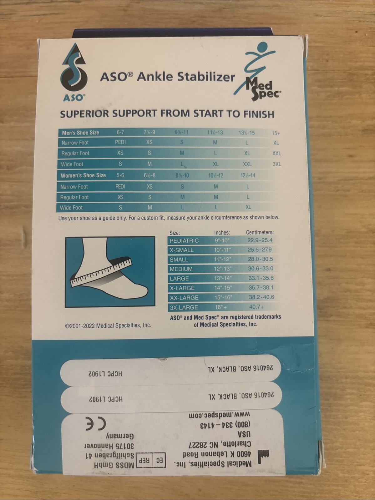 Med Spec ASO Ankle Stabilizer Brace w/Stays Black XL, Medical Device