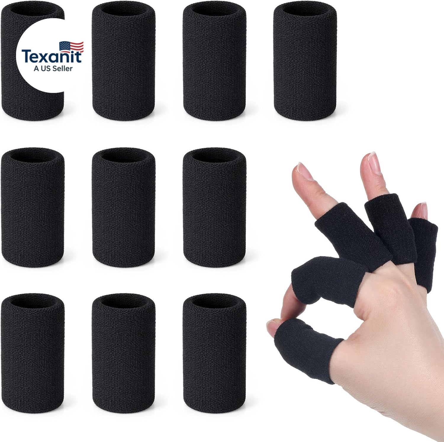 10 Pcs Black Finger Sleeves, Elastic Finger Compression Sleeves, Breathable Fing
