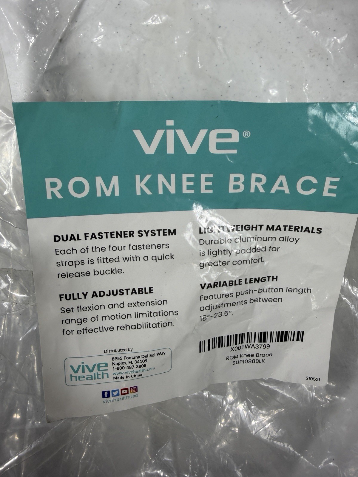 Vive ROM Knee Brace Adjustable Hinged Support Rehab Immobilizer w/ Sleeve