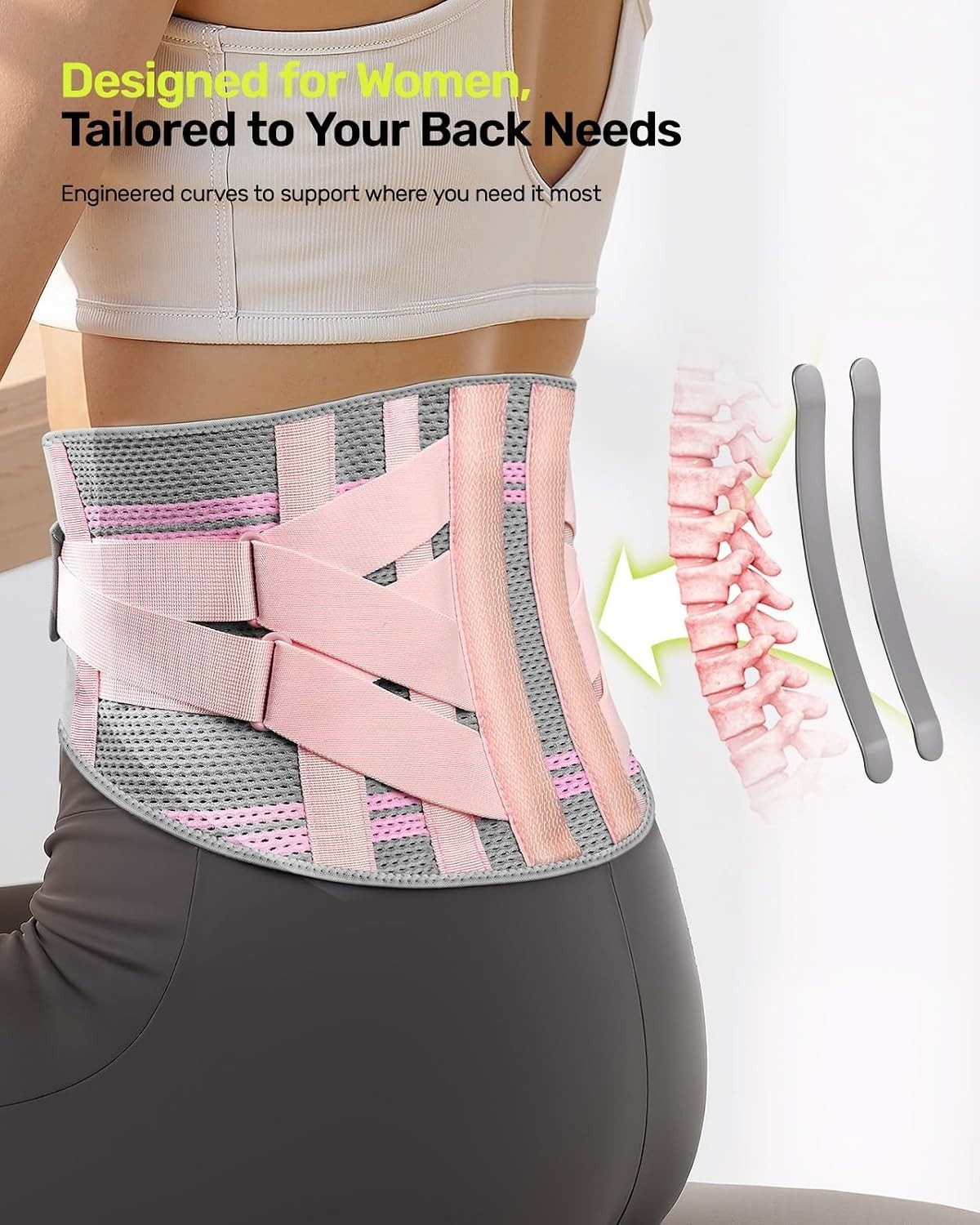 Women’s Ergonomic Back Brace with 9X Support – Pink, Size M for Pain Relief
