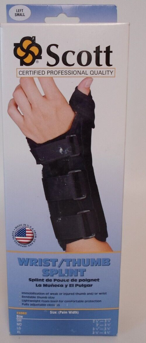 Scott Left Hand Small Wrist Splint Thumb Black Professional Grade 2-3/4″ -3-1/4″