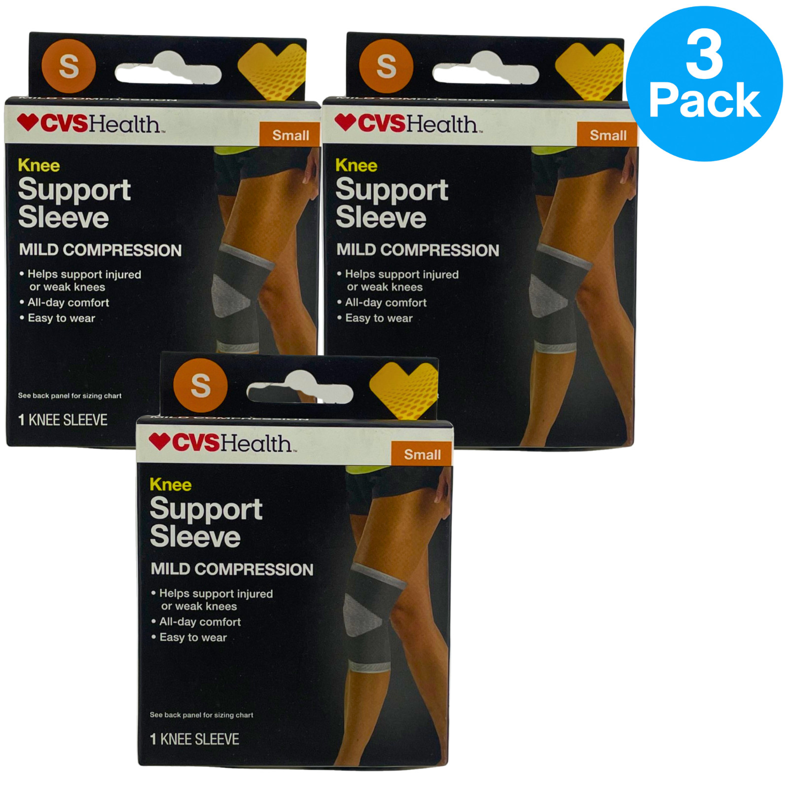 CVS Health Knee Support Sleeve Mild Compression Size Small 12.0-14.5 in (3 Pack)