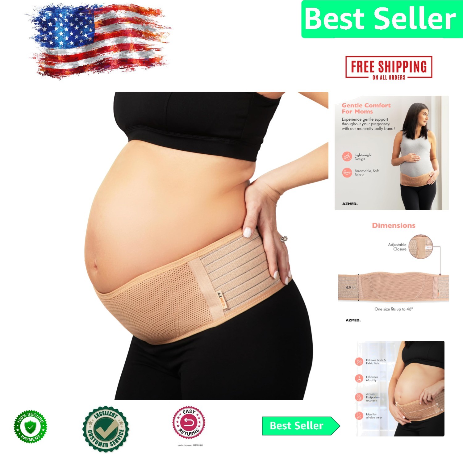 Beige Adjustable Maternity Support Belt for Back & Hip Comfort – Up to 46 Inches