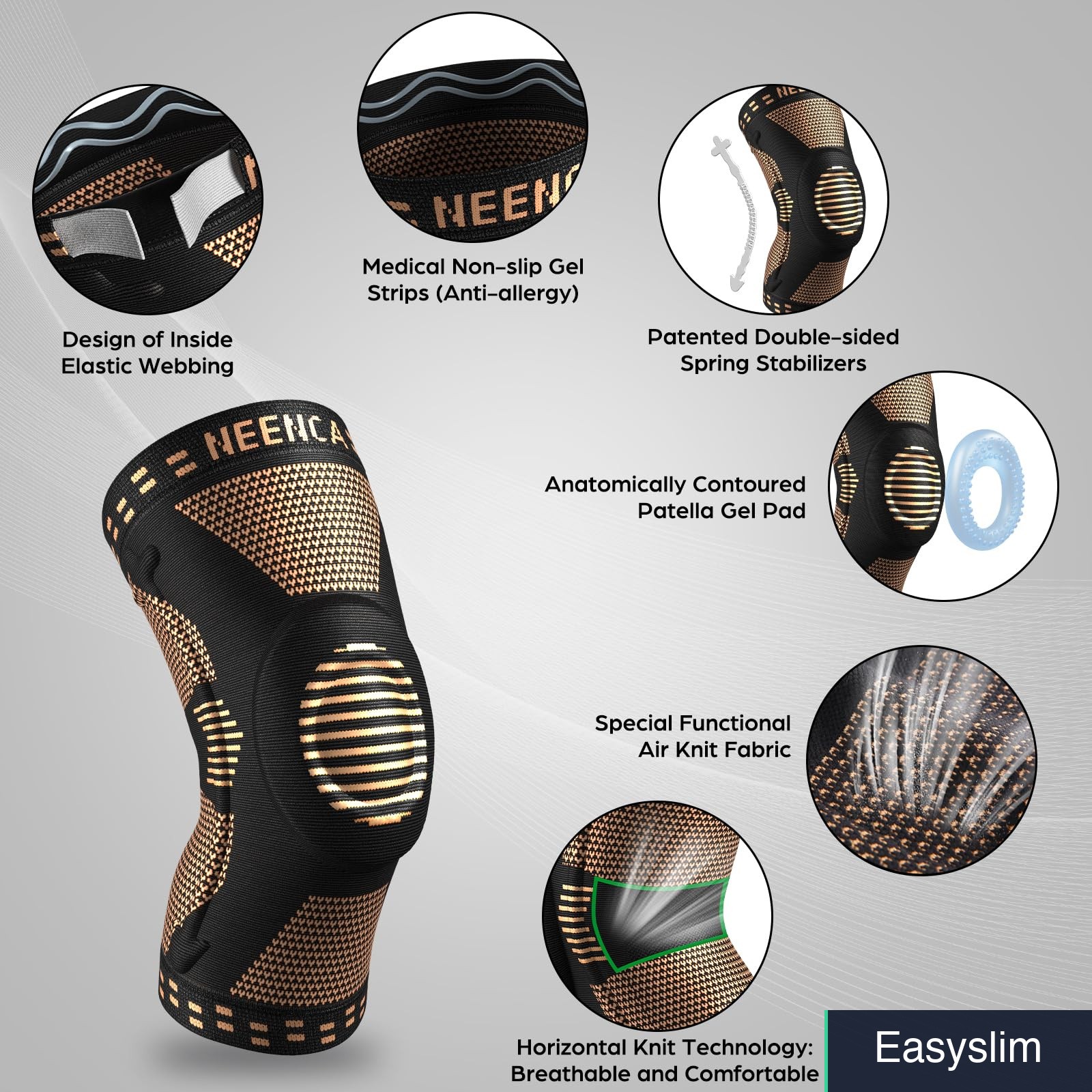 Copper Knee Brace with Compression Support Spring Stabilizers Gel Pad