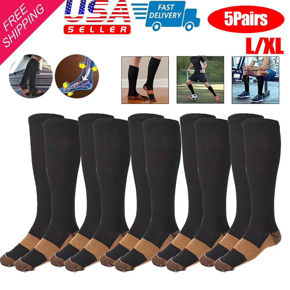 5Pcs Unisex Copper Compression Socks Ankle Support Men & Women Anti-Fatigue L/XL