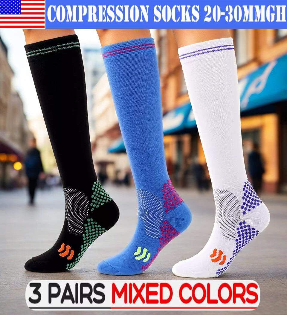 3 pairs of compression closed toe socks knee length fitness training 20-30mmhg