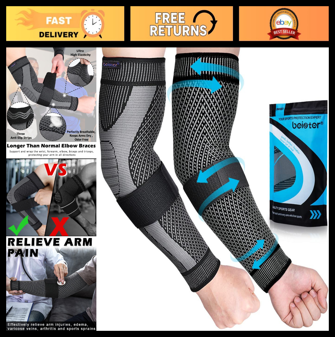 Compression Arm Sleeves with Elastic Strap for Men & Women – Non-Slip, Breathabl
