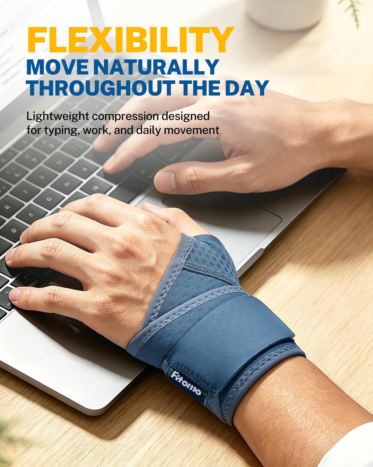 Fitomo Wrist Brace with Soft-Touch Fabric, Breathable Compression S/M, Blue