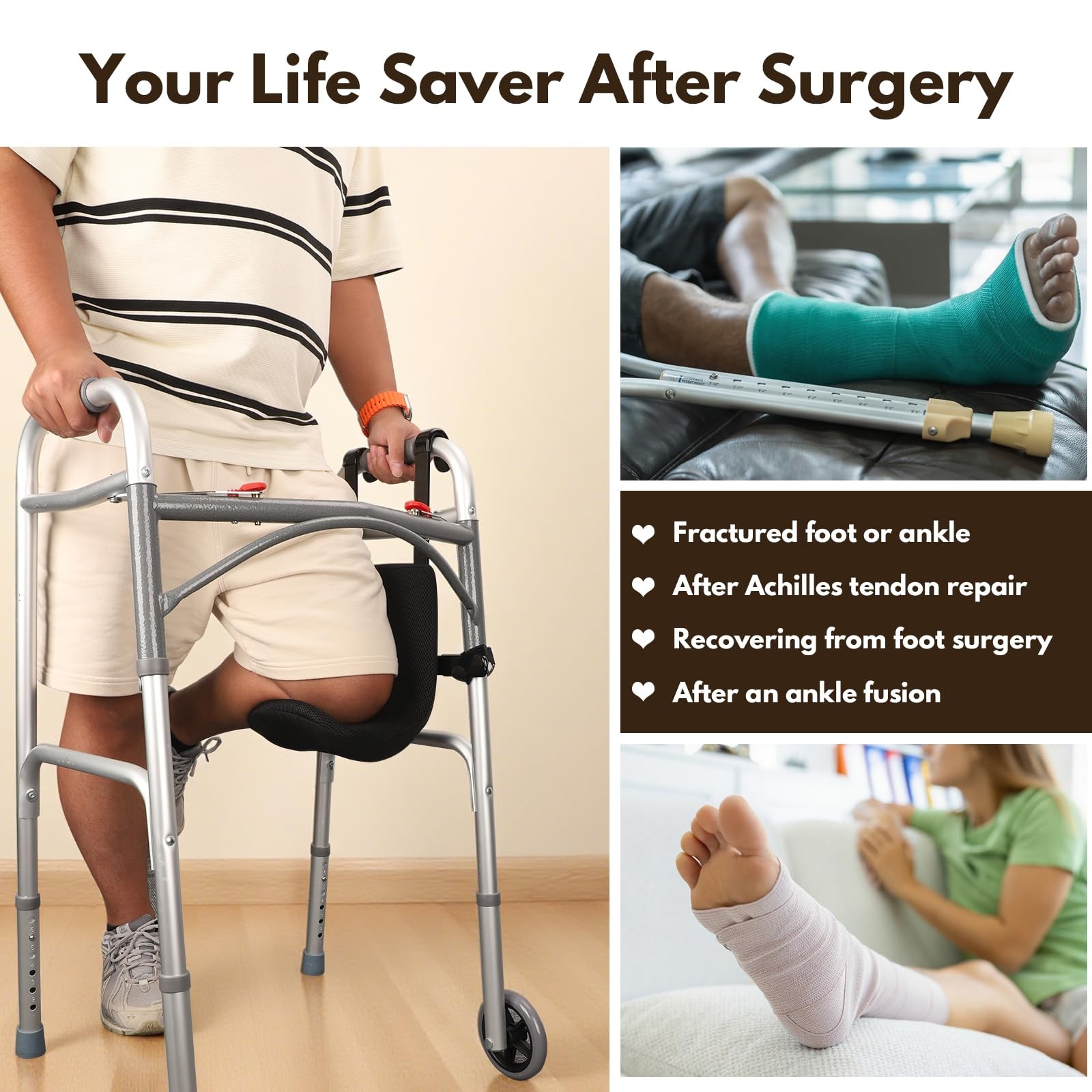 Knee Sling for Walker, Leg Support Up to 300lbs with Comfortable Cushion