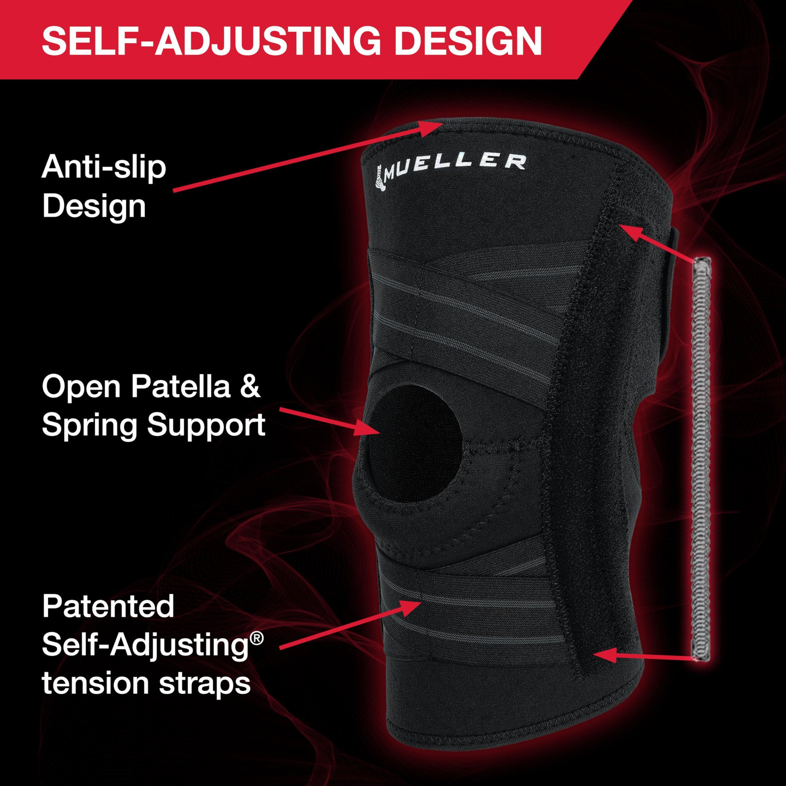 MUELLER Sports Medicine Self Adjusting Knee Brace One Size (Pack of 1), Black
