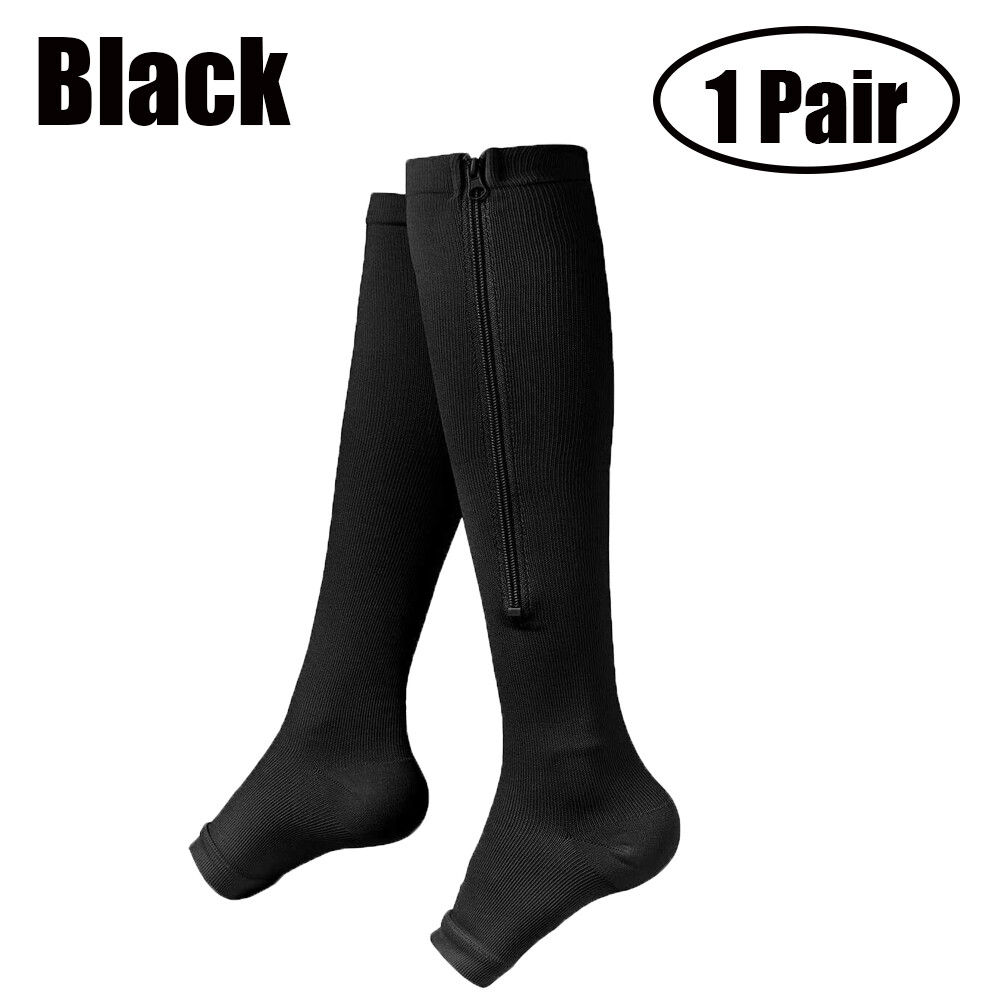 Compression Socks Knee Length Solid Color Zipper 15-20mmgh Open Toe Sports Socks