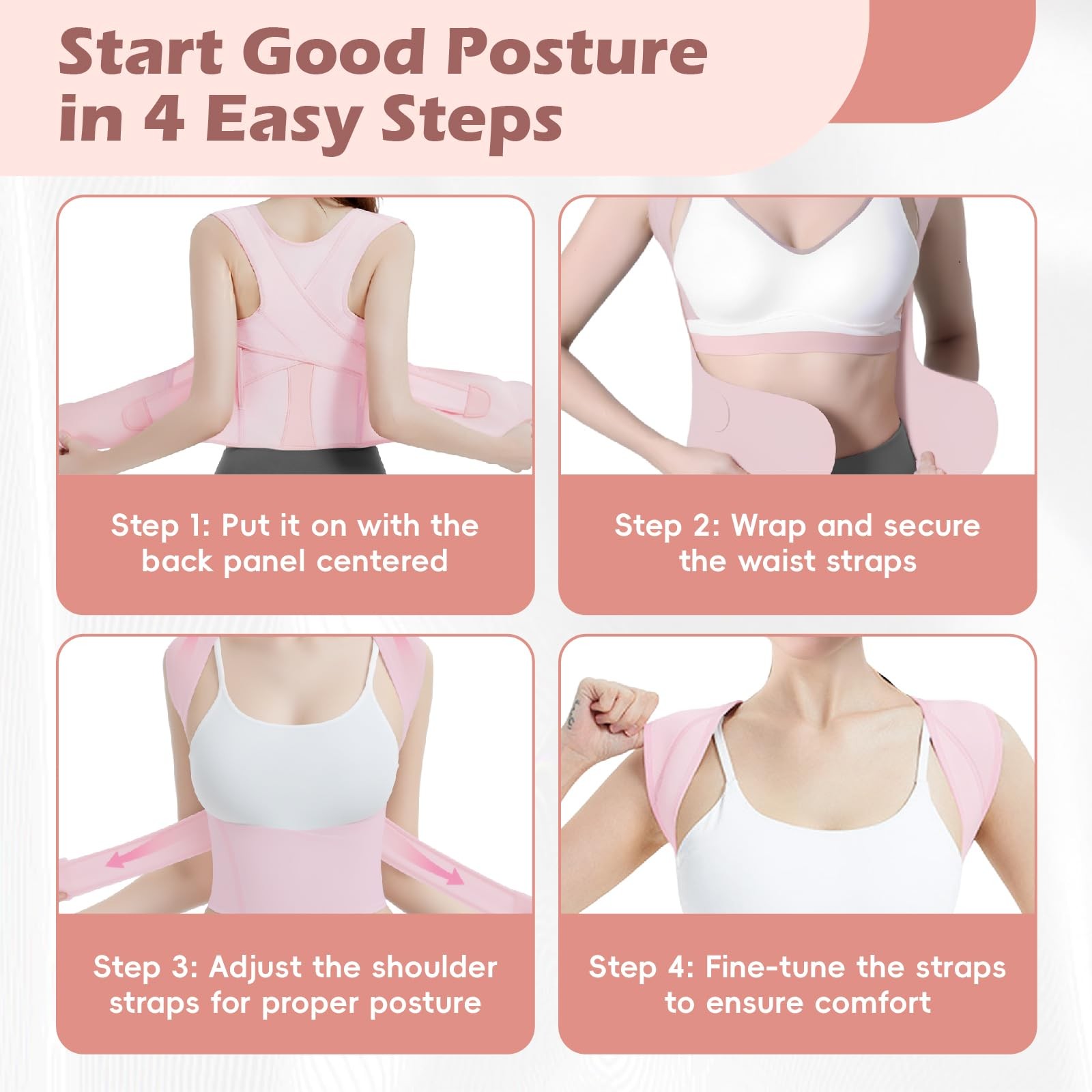 LuxuMach Posture Corrector for Women & Men, Full Back Brace Medium, Pink