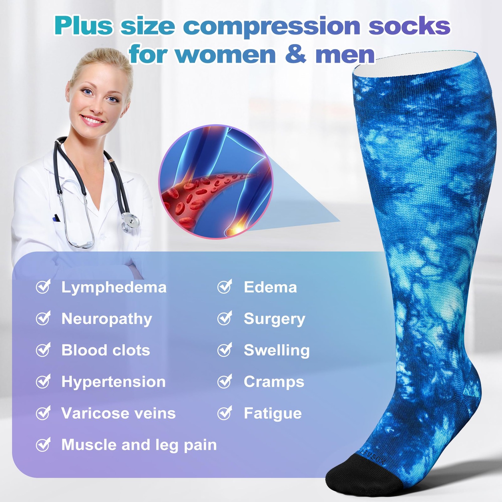 Plus Size Compression Socks Wide Calf Extra Large 15-20 mmHg Knee High