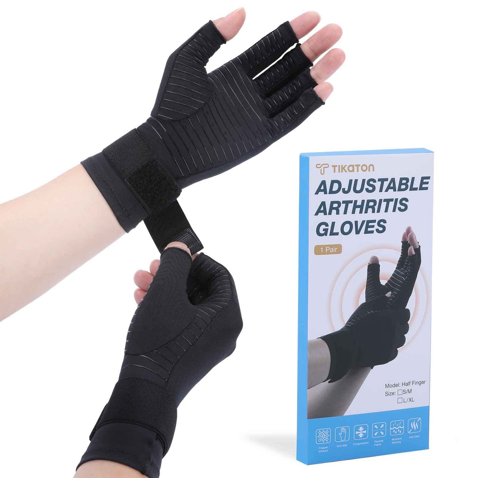 Tikaton Copper Infused Compression Arthritis Gloves with Wrist Strap for Hand…