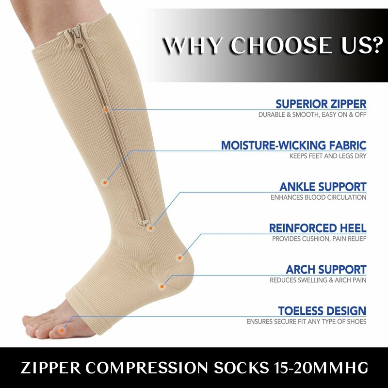 Copper Open Toe Compression Socks Zipper Leg Calf Ankle Support Men Women S-XL