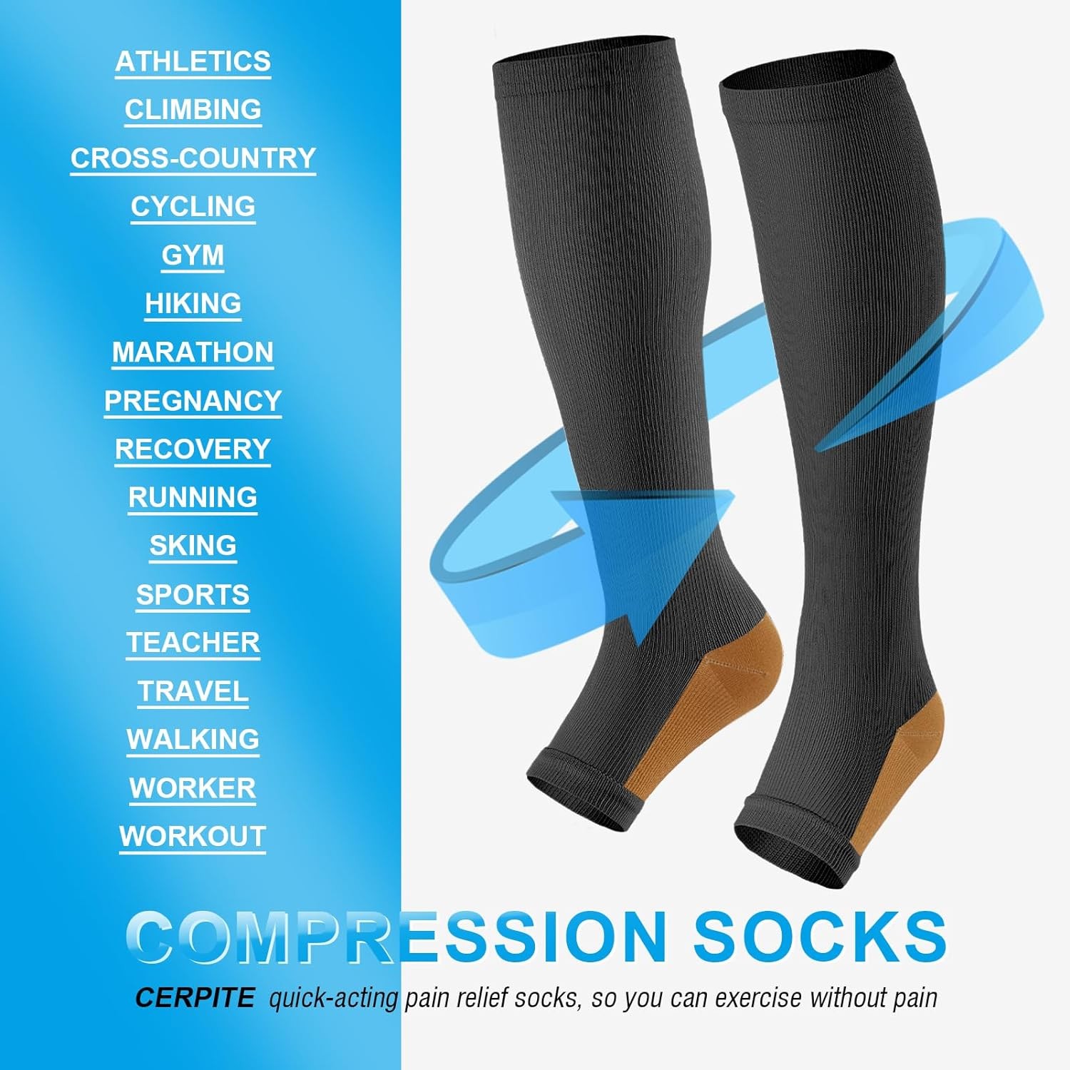 Zipper Compression Socks Open Toe 20-30mmHg Support Stocking Leg Calf Stockings
